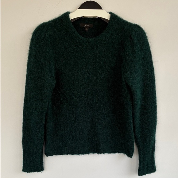 J. Crew Puff Sleeve Fuzzy Crewneck Sweater In Old Forest Alpaca Merino Blend XS - Picture 4 of 17